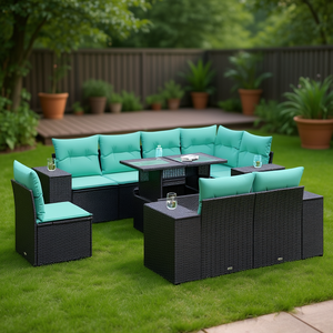 Set di divani da giardino in polyrattan nero da 9 pezzi con cuscini, mobili da giardino per esterni, design contemporaneo - Product Image 2