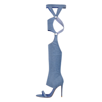 Bottines de soirée à talons aiguilles en denim pour femmes, à lanières, au-dessus du genou, avec découpes