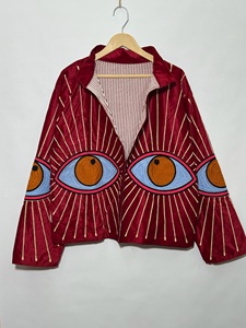 <b>Women</b>’s Red <b>Velvet</b> Blouson <b>Jacket</b> with Embroidered Eye Motif Lantern Sleeves Turn-Down Collar Autumn Fashion <b>Jacket</b> - Product Image 4
