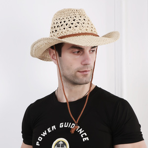 Sombrero de Paja Panamá con Cordón para Playa y Verano, Diseño Clásico Hueco, Sombrero Vaquero Occidental de Paja - Product Image 4