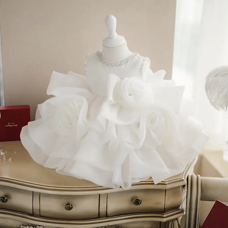 فساتين تعميد للأطفال فساتين زفاف أنيقة مطرزة بالخرز بدون أكمام فساتين 3D بتصميم زهور للأطفال