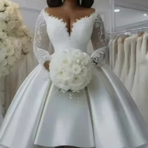 New Lace Satin Wedding Dress Deep V-neck Long <b>Sleeve</b> Elegant <b>Bridal</b> Mini Dress - Product Image 1