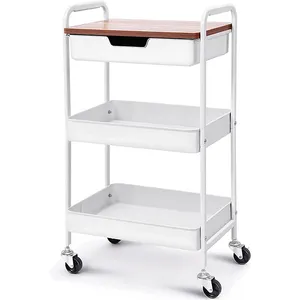 JH-Mech Saving Space 3-Tier Utility Rolling Cart With Handle Wooden Board And Drawer Locking Wheels Metal Storage Rolling Cart