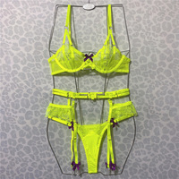 Nouveaux ensembles de lingerie personnalisés Lingerie en dentelle brodée de fleurs Lingerie sexy en maille verte fluorescente pour femmes