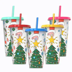 Custom Pp Drink Stro Herbruikbare Kleur Plastic Koude Kleur Veranderende Vrolijk Kerstcadeau Mok