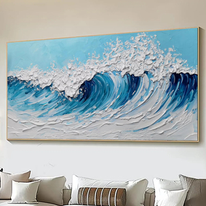 Seascape Hand painted Landscape <b>Large</b> Blue White Ocean Sea Waves Canvas Abstract 3D Textured Oil Painting Indoor Wall Art - Product Image 2