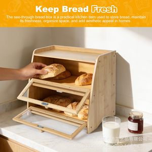 Bamboo Bread Box Double Layer Flip Top Transparent Window Storage Cabinet For <b>Kitchen</b> Bakery Use - Product Image 2