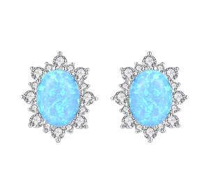 Luxury Classic 925 <b>Silver</b> Opal <b>Stud</b> <b>Earrings</b> With Round Brilliant Cut Diamonds Flower Shape Women's Everyday Wear Jewelry - Product Image 1