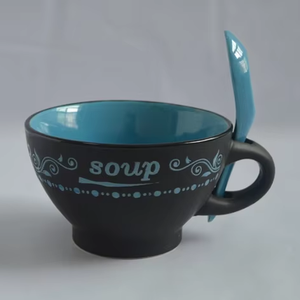 Ensemble cadeau <span class=keywords><strong>de</strong></span> promotion moderne pour le festival Tasse à soupe en céramique <span class=keywords><strong>de</strong></span> 24oz avec cuillère Ensembles <span class=keywords><strong>de</strong></span> bols à petit-déjeuner en céramique au design noir spécial os - Product Image 6