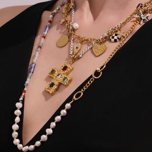 AFXSION女式时尚天然淡水珍珠半宝石长毛衣链钻石锆石十字架项链佛教 - Product Image 3