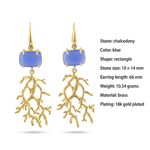 Luxury Fashion Jewelry Blue Chalcedony Coral Branch Drop <b>Earrings</b> Solid Brass 18k Gold Plated women's Statement <b>Hook</b> <b>Earrings</b> - Product Image 1