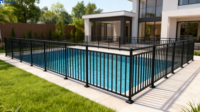 Clôture de piscine en aluminium perforée avec portillon, finition noire thermolaquée, design soigné, respectueuse de l'environnement et sécurisée
