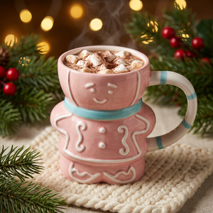 Tasses en céramique de Noël en gros, motif bonhomme de pain d'épices rose, avec poignée rayée en relief, tasses à boisson festives fantaisie en gros - Product Image 2