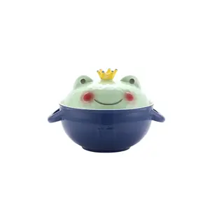 ZC OEM 새로운 크리 에이 티브 만화 도자기 개구리 3D 모양라면 그릇 인스턴트 국수 세라믹 냄비 선물 세트 및 dinning 룸 테이블