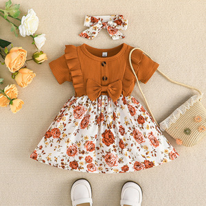 Robe d'été pour bébé fille, mignonne, à fleurs, style princesse, coupe évasée, avec nœud, en coton respirant, manches courtes, pour nouveau-né - Product Image 4