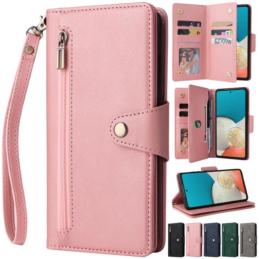 Wallet Rivet Buckle Multi-card Zipper Flip Leather Case For Samsung Galaxy S23 Ultra S22 Plus S21 S20 FE Note 20 A14 A34 A53 A54