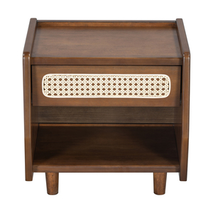 Walnut Nightstand With Rattan Detail MDF Solid Wood Modern Bedroom Storage Open <b>Shelf</b> Drawer Indoor Furniture - Product Image 5