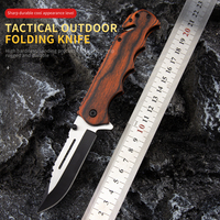 Couteau pliant à lame semi-noire avec verrouillage Liner Lock, manche en bois, couteau utilitaire EDC pour le camping, la survie et les activités de plein air