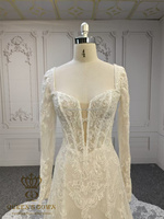 Robe de mariée QUEENSGOWN sexy à col en V avec manches détachables, dos illusion, coupe trapèze et traîne fleurie