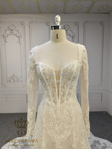 Robe de mariée QUEENSGOWN sexy à col en <span class=keywords><strong>V</strong></span> avec manches détachables, dos illusion, coupe trapèze et traîne fleurie - Product Image 3