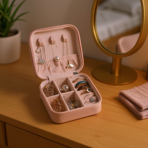 Square Zippered Jewelry <b>Case</b> in Nude Pink, 10x10cm Portable Travel Organizer with Velvet Lining for <b>Earrings</b> Rings and Necklaces - Product Image 2