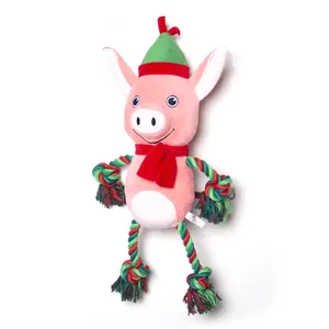 XMAS PLUSH ELF PIG W/ROPE LIMBS-PINK OEM animal de peluche de orejas largas chirriante juguetes para perros de peluche arrugado perro de peluche de juguete de peluche