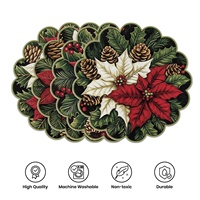 Meilleures ventes transfrontalières de Noël : Set de table 38 cm imprimé motif houx, Père Noël et flocons de neige, bord ondulé, 100% polyester, pour repas occidentaux