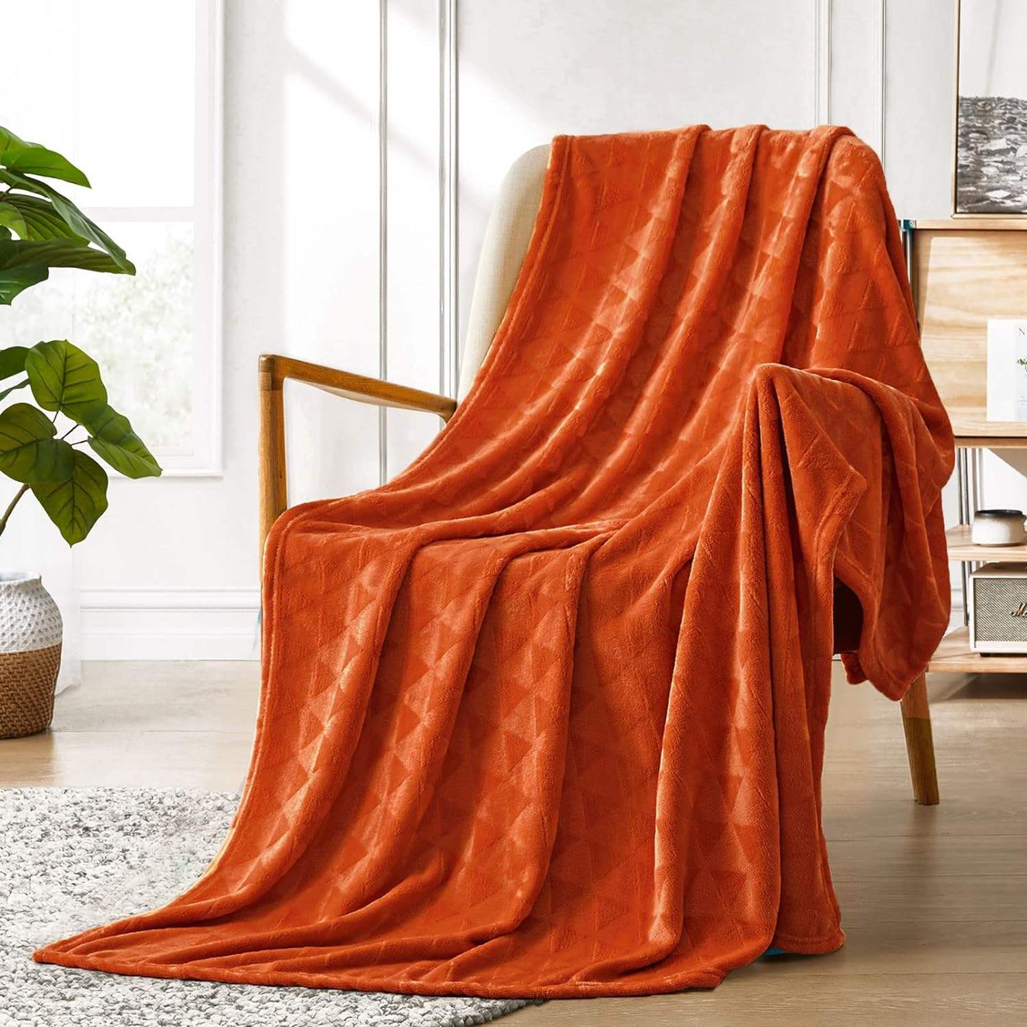 Soft Brushed Flannel Throw Blanket Burnt Orange Fleece Blankets Diamond  Pattern for Sofa, Chair, Couch