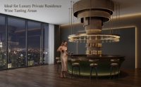 SCD SHOWCASES SC-CFS-007 Comptoir de bar circulaire pour hall d'hôtel, panneau en velours vert, suspension en bronze, porte-verres à vin, café