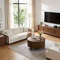 Table basse ronde en noyer de 31,5 pouces, design cannelé, avec rangement à porte coulissante, style moderne du milieu du siècle, pour salon ou bureau