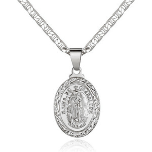 Collana con Pendente Guadalupe in Argento 925, Placcata in Rodio, Catena Figaro, Gioiello Religioso Cattolico Unisex - Product Image 1