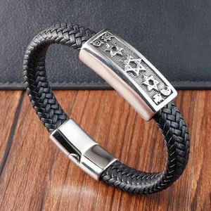 Hot Sale Handmade Braided Leather Bracelet Punk Star Men's Stainless Steel Magnetic Clasp Jewelry Leather Bracelet Bangle