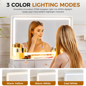 Coiffeuse avec miroir et éclairage, ensemble table et chaise de maquillage, station de charge, commode de chambre, miroir LED à intensité variable en continu - Product Image 6