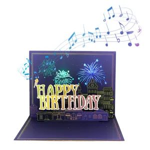 Manufacturers Supply Laser Cutting Handmade Birthday Greeting Card Light Music Card Fireworks Blooming Greeting Card Pop-up