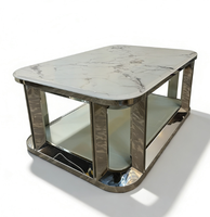 Table basse moderne de luxe à deux niveaux en acier inoxydable avec plateau en marbre pour salle VIP de KTV ou boîte de nuit