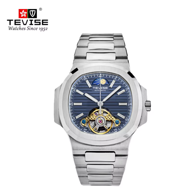 TEVISE T01C Automatic Mechanical Tourbillon Watch Men Stainless Steel Band Luminous Hands Waterproof Luxury Fashion Watch