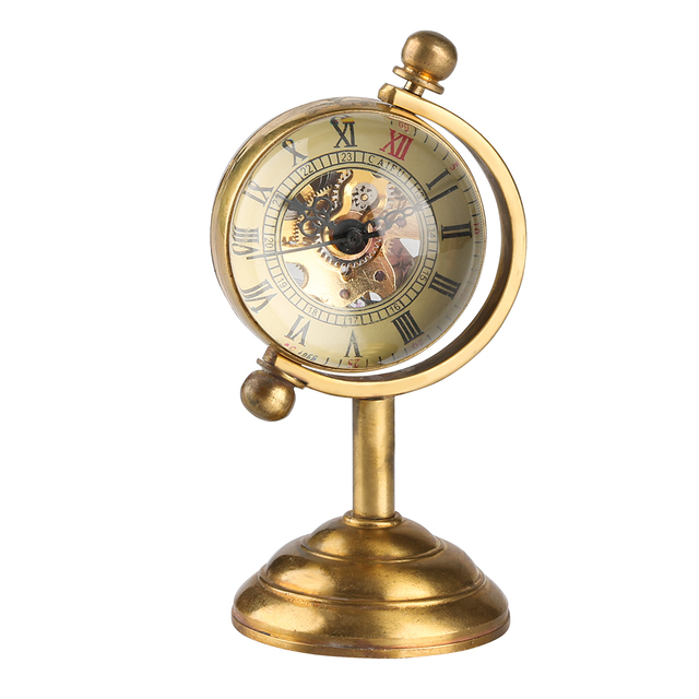 Antique Brass Finished Spinning Globe Skeleton Watch for Desk Decoration, Mechanical Table/Desktop Accessory for Luxury Gift