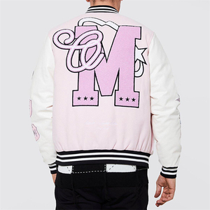 Chaqueta Beisbolera Vintage para hombre, Chaqueta de béisbol con parches en blanco y rosa, al por mayor - Product Image 4