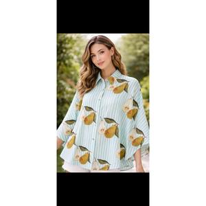 Camisa de mujer con botones y mangas tipo kimono, estampado de peras a rayas azul claro, corte holgado informal, top de primavera y verano - Product Image 3