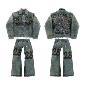 Chaqueta vaquera rasgada de manga larga desgastada personalizada para hombre, chaqueta de motociclista de retazos lavada con agujeros Vintage holgados - Product Image 3