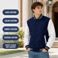 Veste de sport pour homme en molleton lourd bleu marine personnalisé 400GSM, avec manches en cuir, boutons-pression et tricot côtelé rayé