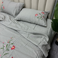 Parure de lit légère en lin brodé motif floral – Ensemble de literie imprimé 4 pièces brodé floral pour toutes les saisons