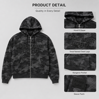 Fabricant de sweats à capuche en marque privée, imprimé camouflage, logo en relief, sweat à capuche zippé en molleton de coton épais pour hommes