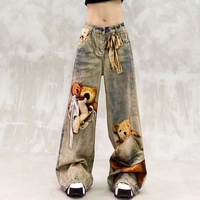 Jean Baggy Américain Tendance Vintage avec Imprimé 3D Motif Ours, Dentelle et Chaîne de Perles – Personnalisable, Style Streetwear Punk