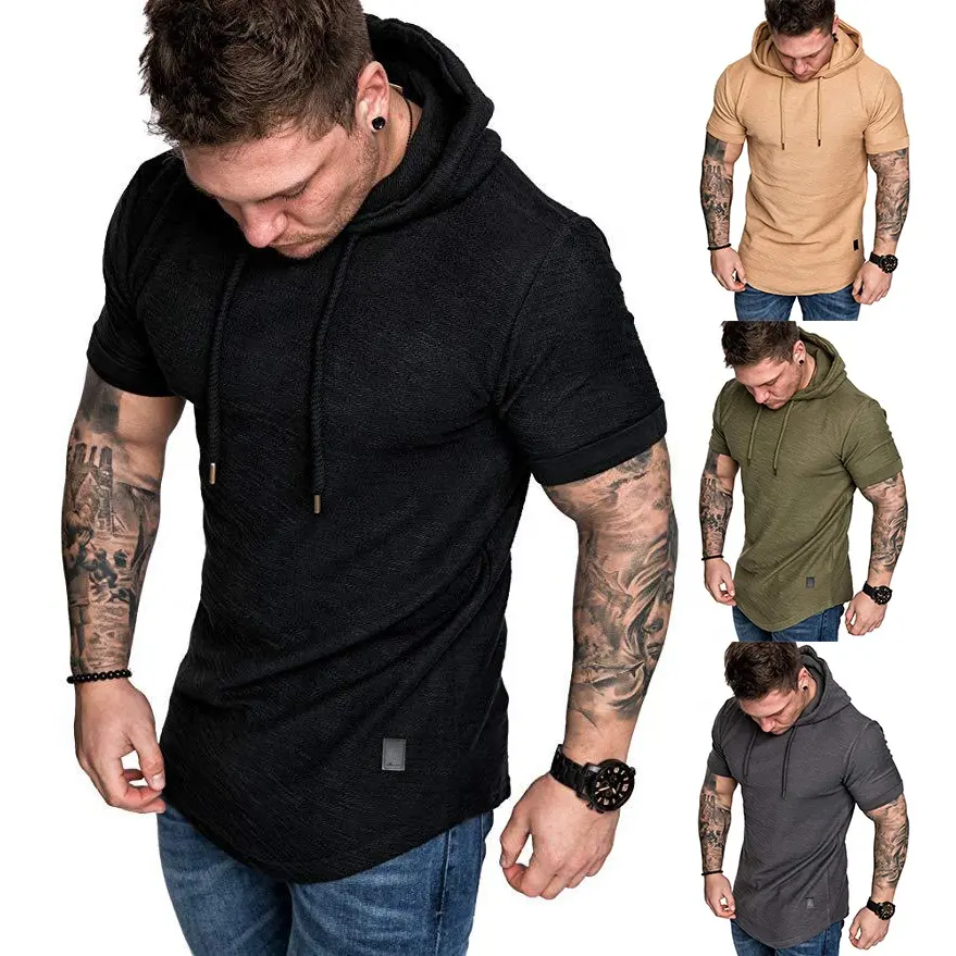 Custom Logo Summer Men Pullover Skinny Fitness T-Shirts With Hood Black OEM Longline Curve Hem Hooded Workout T Shirts