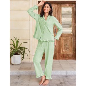 FOXA Womens Striped Pajama Set 2 Piece Cotton Button <b>Down</b> Top Straight Leg <b>Pants</b> With Pockets Sleepwear - Product Image 4