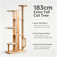 Arbre à chat SkyTower 183 cm extra haut en bois d'hévéa avec lit, capsule en acrylique transparent, hamac en tissu, griffoir en sisal et perchoirs multi-niveaux