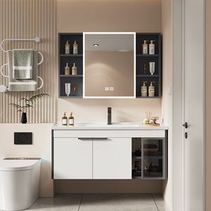 Mueble de baño sencillo con lavabo, espejo y almacenamiento, mueble con espejo para maquillaje, lavabo integrado de cerámica - Product Image 1