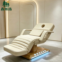 Table de massage électrique en cuir marron pour salon de beauté, table de soin incurvée pour le visage, les cils et les cosmétiques, avec 3 moteurs