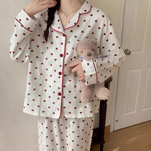 Piyama Wanita Motif Cinta Manis Musim Semi dan Gugur, Setelan Celana Panjang Berkerah Cardigan Lengan Panjang, Baju Tidur Nyaman - Product Image 5